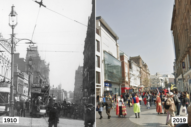 A view down Church Street from the junction with Whitechapel in 1910 and more than one hundred years later in 2019.