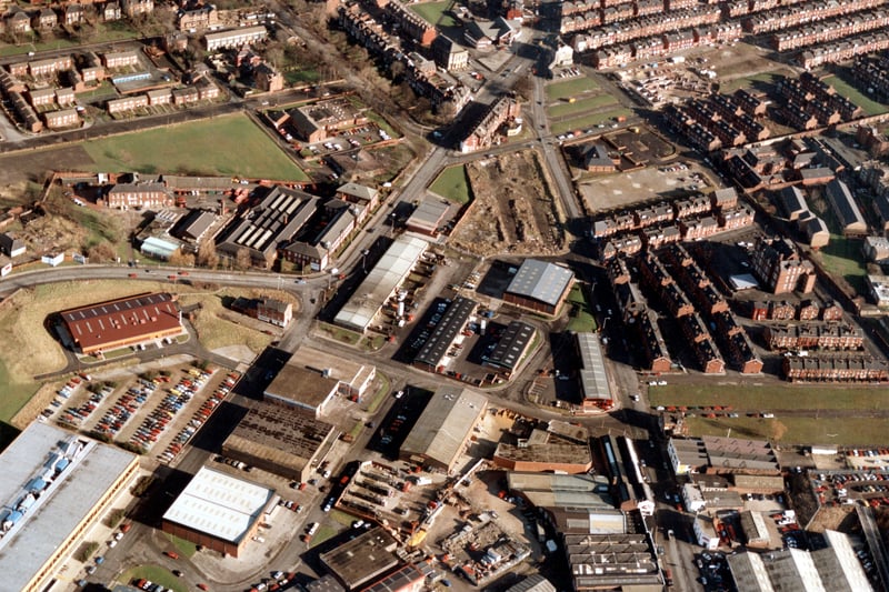 In the bottom left corner is Thomas Danby College, with Roundhay Road running to the left. Above the large building with the red roof is Barrack Road coming in from the left to join Roundhay Road. Moving across to the right, Roseville Road runs parallel with Roundhay Road until they join, just before the centre at the top edge. On the right edge, in the centre, property comprises part of St. James's Hospital.