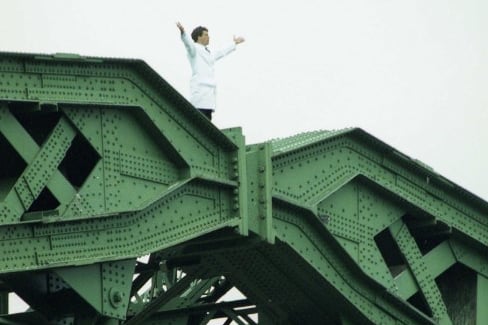 The stunt man on Wearmouth Bridge for a pharmacy advert in 2000.