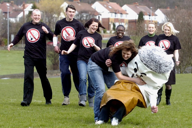 Staff and pupils from Park Lane College launched their 'No Smoking' campaign in March 2007. Pictured is Hannah Stansfield tackling Chris Markham, wearing the cigarette outfit..