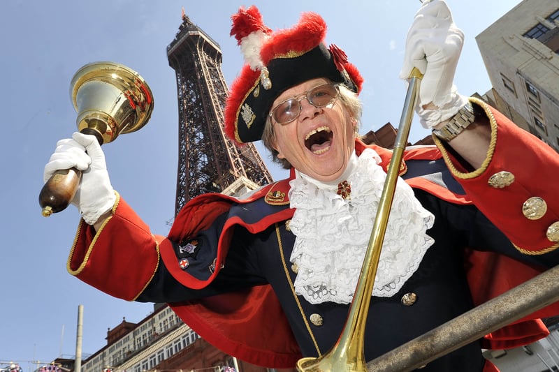 Town Crier Barry McQueen celebrates the 116th birthday of Blackpool Tower