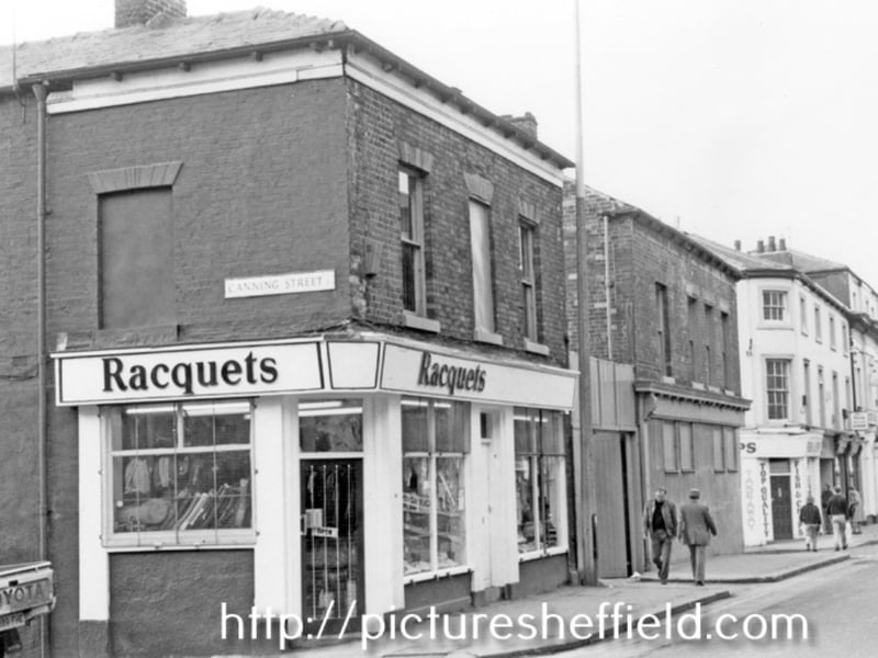 Racquets sports shop on  Division Street at the junction with Canning Street, in March 1991. Photo: Picture Sheffield