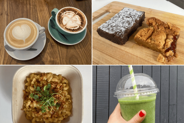 Some extras! From top left to bottom right: An oat milk latte and mocha; chocolate brownie and peanut butter blondie; mac and cheese; and a green smoothie.