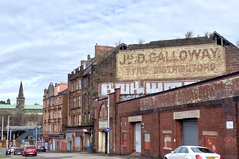 An unmissable ghost sign in Glasgow can be found on Hunter Street in the Calton for 'Jas D. Galloway Tyre Distributors'. 