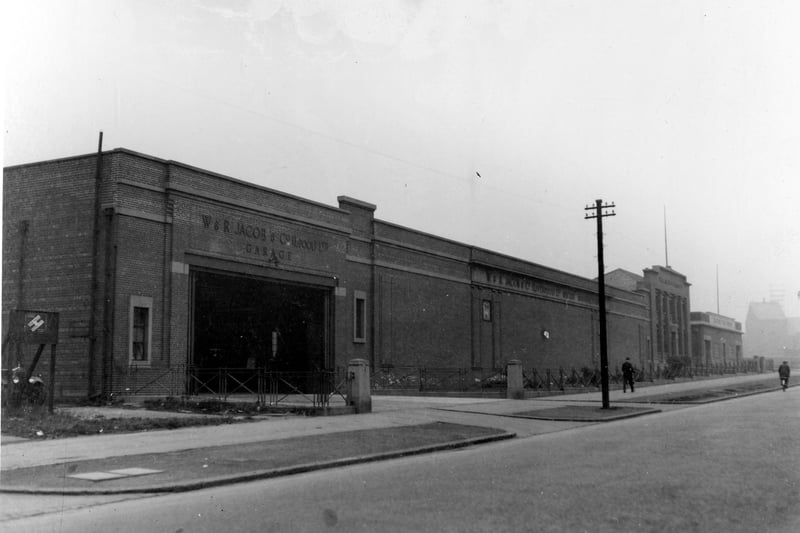 Jacob Biscuit makers factory, this building still has a mosaic 'By Royal Appointment' crest and the company trade mark. Since 1977 it has been the business of I J Dewhirst. This company manufactures uniforms for the police and armed services. It is now called Turner Virr and Co. Ltd. Pictured in September 1937.