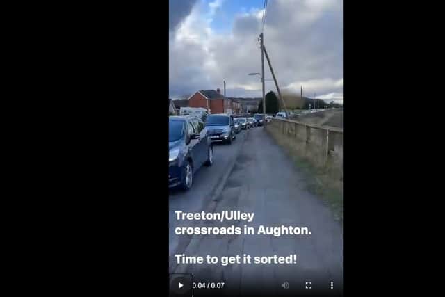 A screenshot from Alexander Stafford's video showing traffic on Treeton Lane at 3pm on February 15, 2024. More than 140 comments were left by residents who agreed it was a frequent problem.