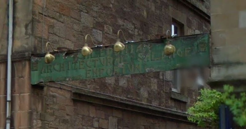The former sign of the Caledonian Architectural Salvage Emporium on Kersland Street with their premises now found on South Street in Glasgow. 