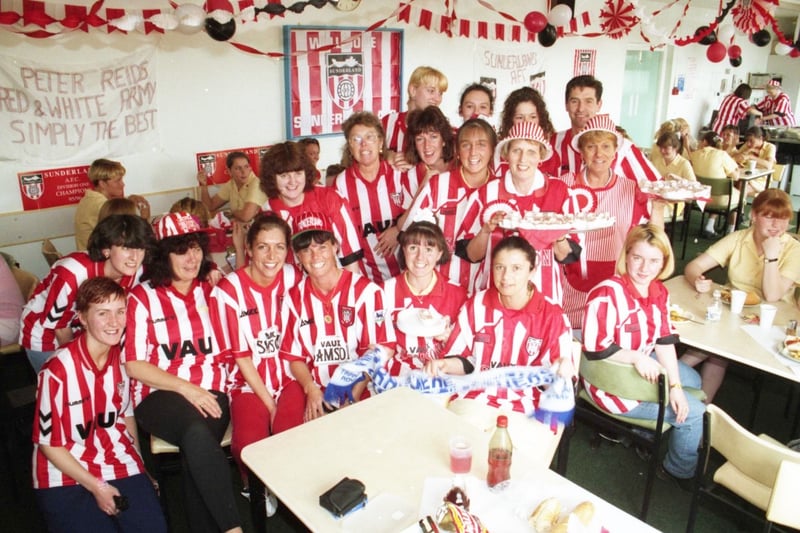 Staff held a red and white themed part at Dewhirsts Pennywell in May 1996.
