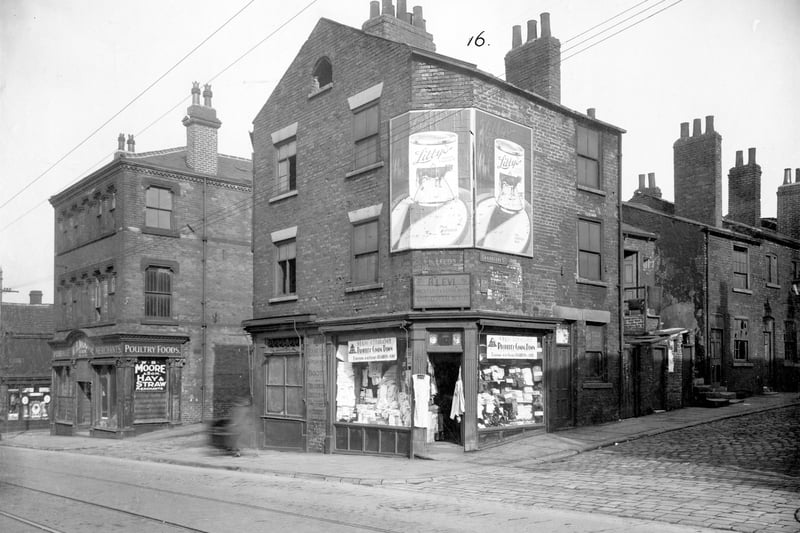  To the left, no.15 W. Moore and Son hay and straw dealer. Then to the right is Acorn Street, next no.17 branch of butchers' shops owned by H.Burgon and son. No.19, Levi Hyman, draper has a corner shop side window in Cranberry Street. There are posters for Libbys' milk above the shop. Notices in window give warning of closing down. Pictured in September 1935.