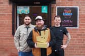 Simon Barnes (centre) with Jack Charlesworth (left) and JB (right) of Slap & Pickle in Sheffield, as the restaurant is announced as the winner of Independent Restaurant of the Year North of England and East Midlands 2024 in Deliveroo's 2024 Restaurant Awards. Photo: Dominic Lipinski/PA Wire