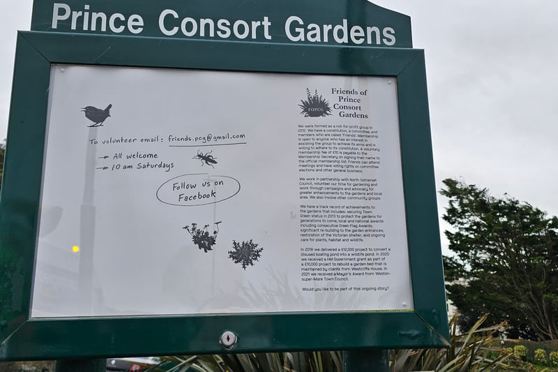 The Friends of Prince Consort Garden was formed in 2012 to tend the park in collaboration with the North Somerset Council. Anyone is welcome to volunteer, there is an optional £10 voluntary membership fee and meetings are held on Saturdays at 10am. There is an information board about the Friends of Prince Consort Garden next to the entrance by Upper Kewstoke Road.