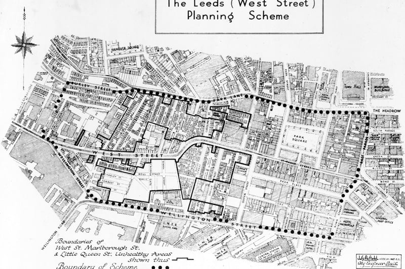  Plan of the Leeds (West Street) Planning scheme showing boundaries of West Street, Marlborough Street and Little Queen Street are unhealthy areas. Pictured in August 1939.