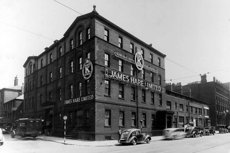  James Hare Ltd on Wellington Street., The  company logo boasted 'Britains Best Botany Blues'. It was a woollen warehouse business.  To the left is Brittania Street. Pictured in June 1939.