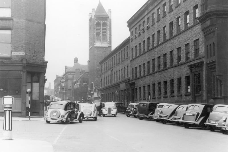 Traffic by the junction of Great George Street and Portland Crescent in July 1939. Woodhouse Lane can be seen in the background. 