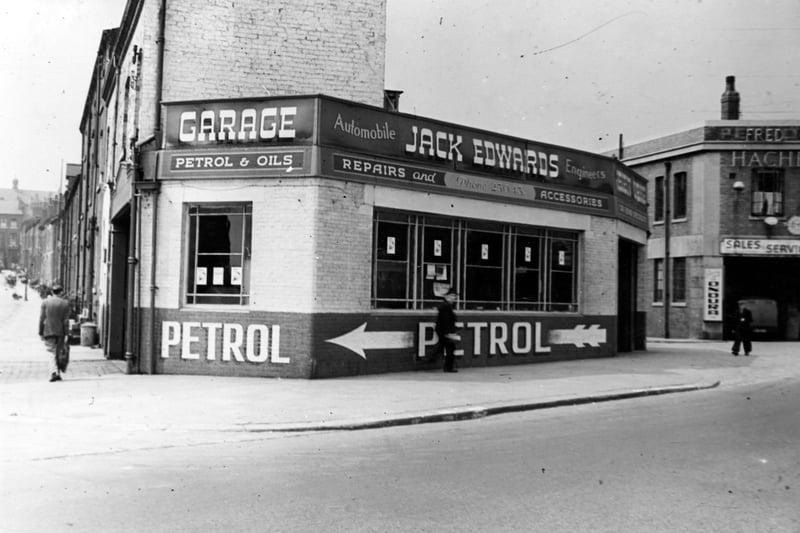 Regent Garage on the corner of Sheepscar Street South and Stamford Street. Hache's Whitelock Garage is visible on the right. People are walking past and the end of Whitelock Street can be seen. Pictured in July 1946.