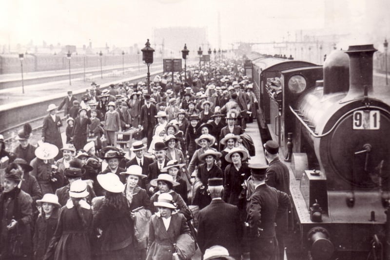Wakes Weeks holidaymakers in 1917 were mainly women and children because the men were away fighting in the First World War. They are pictured arriving at Blackpool North Station in 1917