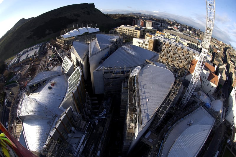 A view of the construction of the new Scottish Parliament under construction in March, 2004, taken from the last crane on site.