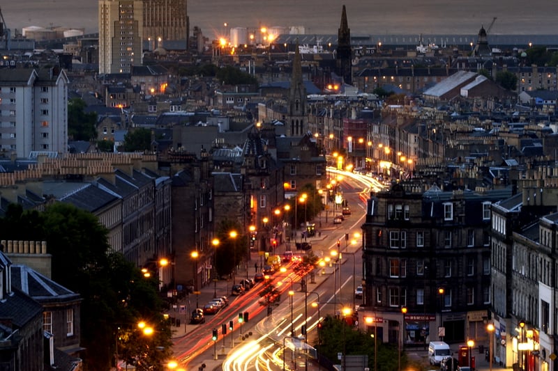 Looking down Leith Walk as night falls in July, 2004, with Elm Row in the foreground.