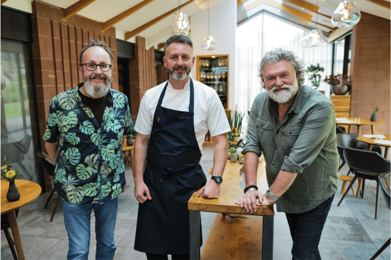 The Hairy Bikers with Mark Birchall, chef patron at Moor Hall. Marlk, from Chorley, spoke of 'hyper seasonal' food, and created a lobster and tomato dish the bikers called "biblical".