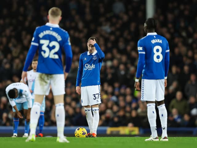 James Garner of Everton reacts after conceding the first goal during the Premier League match between Everton FC and Crystal Palace at Goodison Park on February 19, 2024 in Liverpool, England. (Photo by Matt McNulty/Getty Images)
