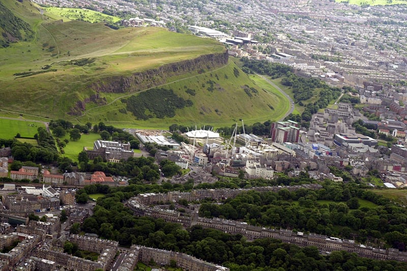 Aerial shot of Holyrood and Arthur's Seat taken in July 2002.