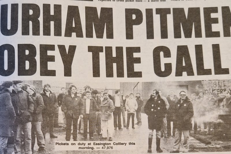 Pickets were pictured at Easington pit on the day 14,000 miners obeyed the strike call on March 12.