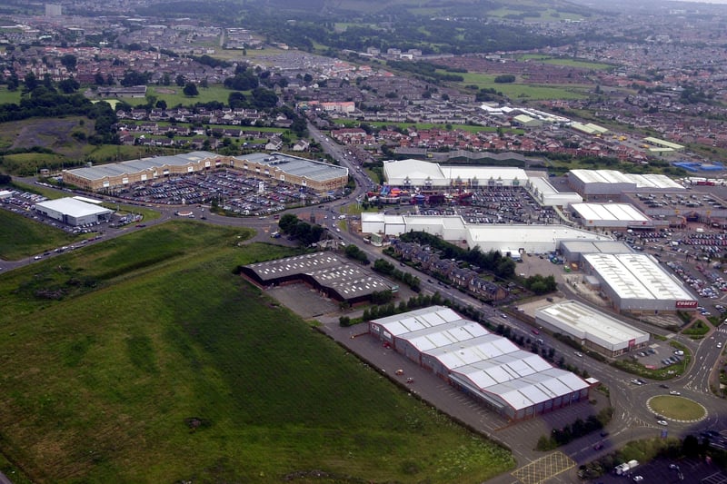 Aerial shot taken from a helicopter of Fort Kinnaird Retail Park, Newcraighall, taken in June, 2003.