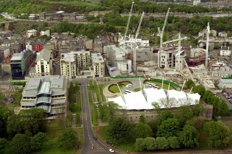 An aerial photo of Holyrood, including the Scottish Parliament building site,
Barclay House and Dynamic Earth, taken in May 2002.