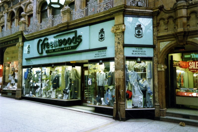 Greenwoods menswear at number 24 County Arcade. The photo was taken in October 1989 while the Victoria Quarter was being created, an upmarket shopping centre. This involved the renovation of the Victorian/Edwardian Cross and County Arcades, King Edward Street and Queen Victoria Street, originally designed by theatre architect, Frank Matcham.