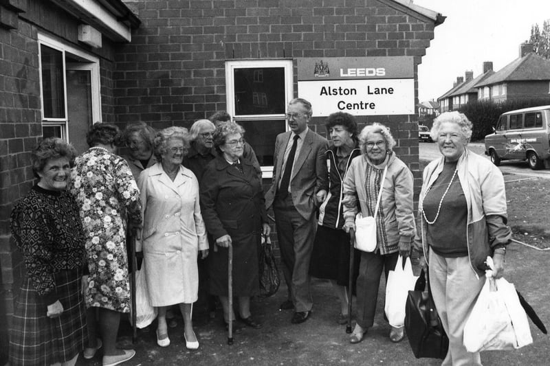 The opening of the new extension to Alston Lane Centre on Hawkshead Crescent with Coun George Mudie and local residents in October 1989. The extension was formed by the conversion of an adjacent semi-detached house. The houses were linked by a newly built community hall. The old part of the centre was also refurbished including the kitchen facilities. The extension housed a fully-equipped creche, a classroom and four offices.