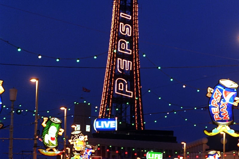 Blackpool Tower illuminated at night, showing the Pepsi sign