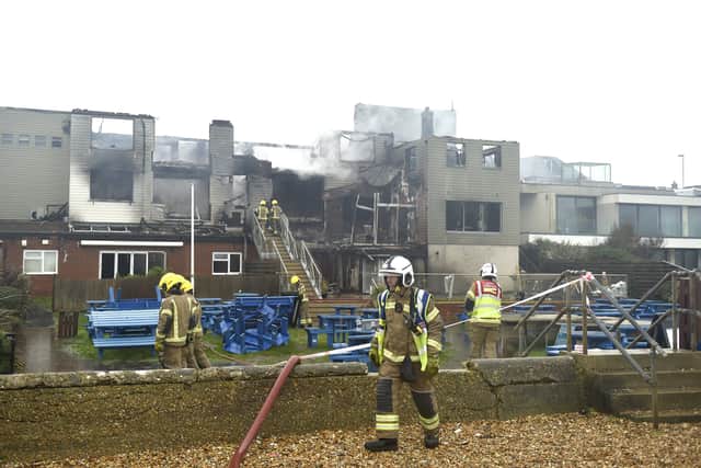 Firefighters tackle the blaze at The Osborne View pub in Hill Head, a once favoured spot of Sir Alf Ramsey