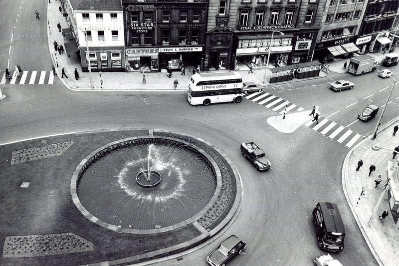 Looking down on the Goodwin Fountain, Fargate, Sheffield, August 1965.