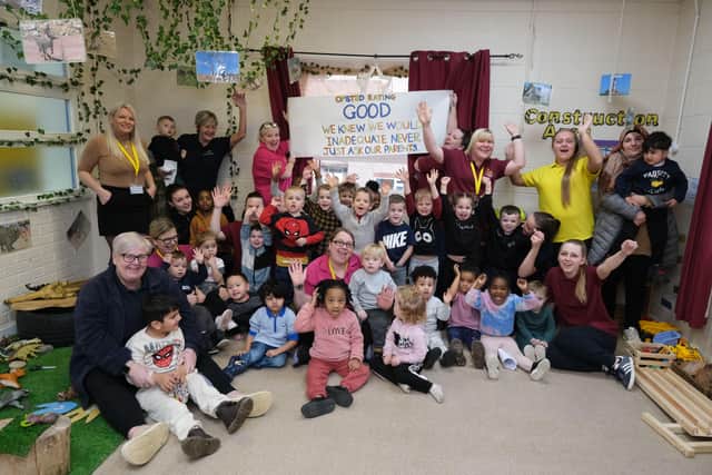 Sunshine Pre-School, in Sheffield, celebrates after earning back its 'Good' rating six months on from an 'Inadequate' report by Ofsted. Their sign reads: "Ofsted rating Good; we knew we would; Inadequate never; just ask our parents."