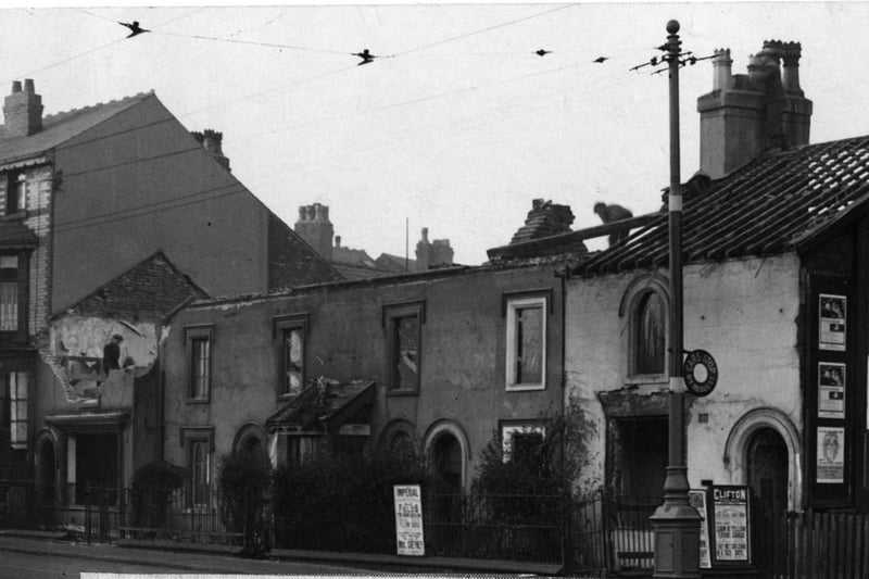 Church Street, Blackpool in 1937. This photo shows cottages being demolished to make way for the Art Deco building which housed TH Bennett garage and car showroom