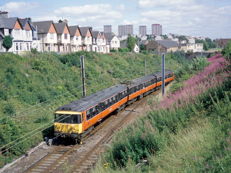 Strathclyde Passenger Transport livery on a train train to the Glasgow suburbs, in 1993.