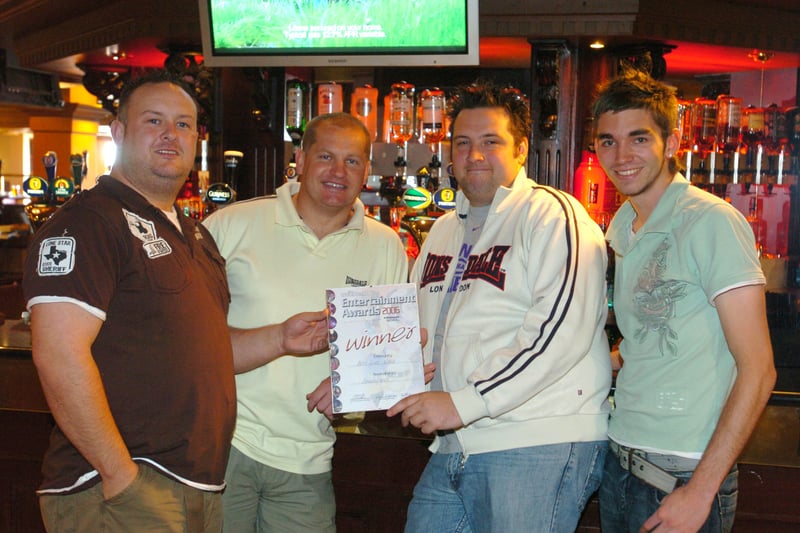 Chris Berry, Karl Harrison, Guy Gillespie and Mike Seno at Brannigans in Blackpool. The bar has won the The Weekend Entertainment Awards 2006  Best Live Venue award.
