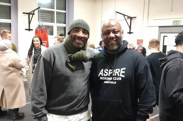 Former cruiserweight world champion Johnny Nelson with Ronny Tucker at the Aspire Boxing Club. Picture: Ronny Tucker