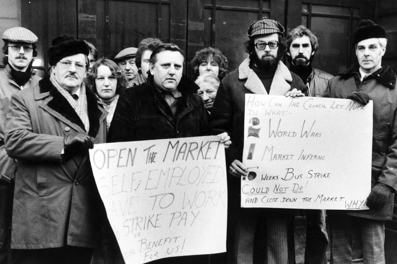 Angry traders demonstrate outside Kirkgate Market in 
 January 1979 when it was closed because of the National Union of Public Employees' strike.