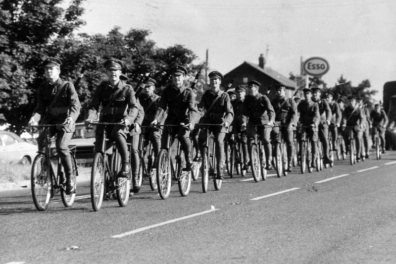 A team of 30 Army cyclists riding old "sit-up-and-beg" machines set out from Driffield in July 1979 dressed like ghost riders from the Flanders battlefields on a 286-mile trip to Aldershot. The soldiers from Alamein Barracks, faced a four-and-a-half day ride, and were due tp spend eight hours a day on the road, resting overnight.