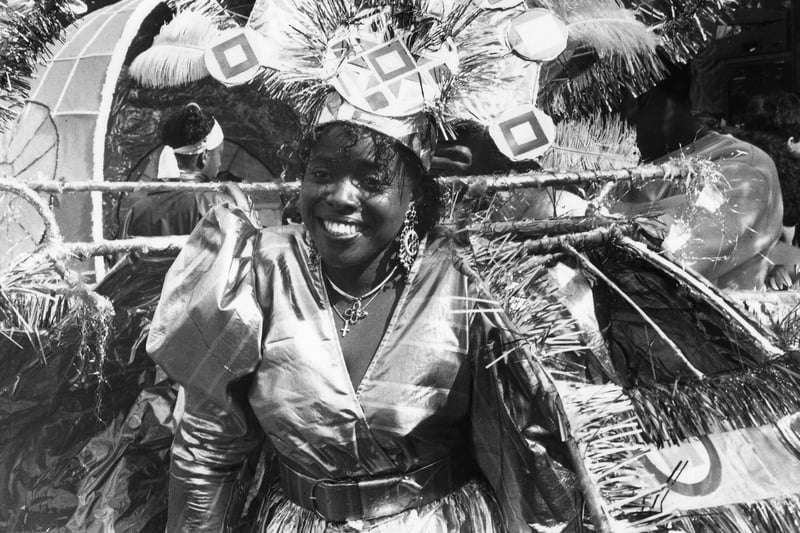 The Carnival Queen chosen for 1989, at the Leeds West Indian Carnival. She was Sheila Haworth and her costume, representing a Rainbow of Peace. It was designed by Kam Sangra.