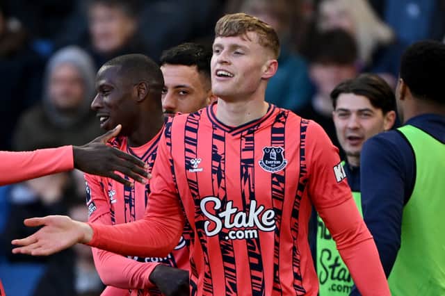 Jarrad Branthwaite of Everton celebrates scoring his team's first goal with teammate Amadou Onana during the Premier League match between Brighton & Hove Albion and Everton FC at the American Express Community Stadium on February 24, 2024 in Brighton, England. (Photo by Mike Hewitt/Getty Images)