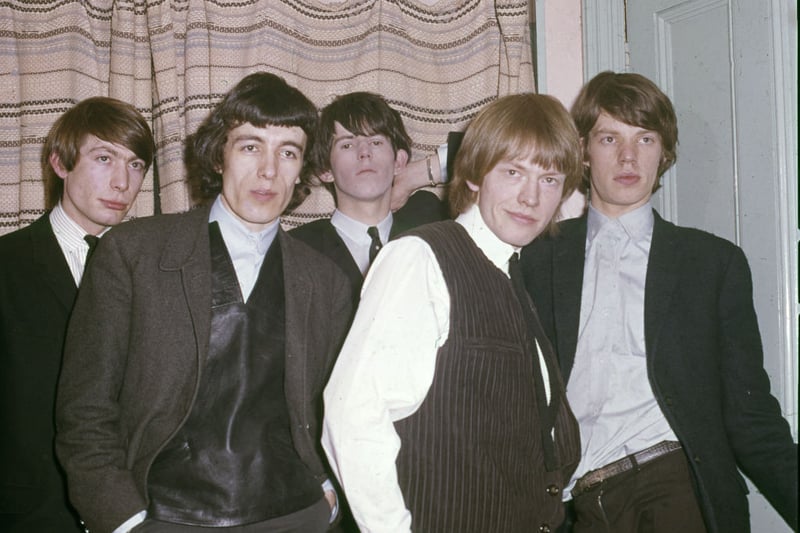 Portrait of members of British Rock group the Rolling Stones as they pose backstage, Glasgow, October 1963. The tour was their first in Scotland. Pictured are, from left, Charlie Watts, Bill Wyman, Keith Richards, Brian Jones and Mick Jagger. 