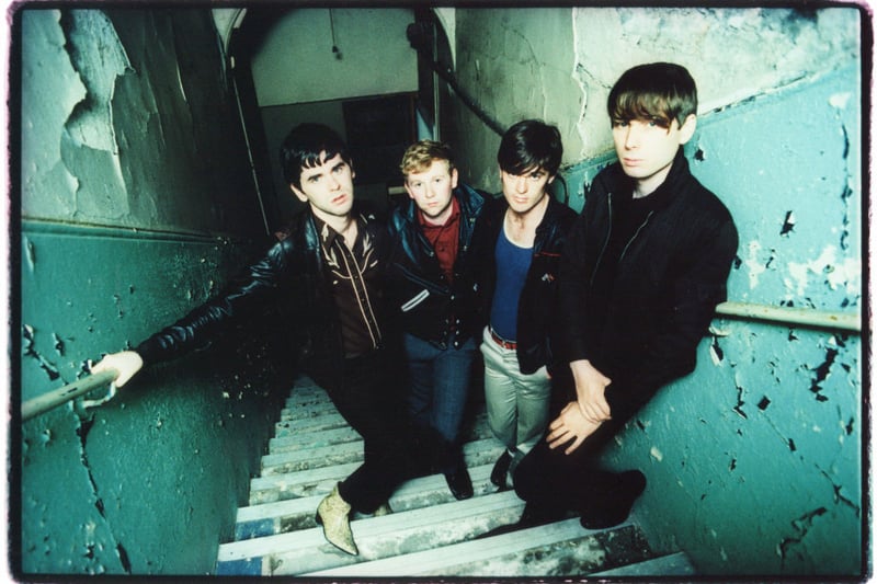 Portrait of Scottish indie band Franz Ferdinand - Alex Kapranos, Nick McCarthy, Bob Hardy and Paul Thomson - photographed in Glasgow in June 2003.