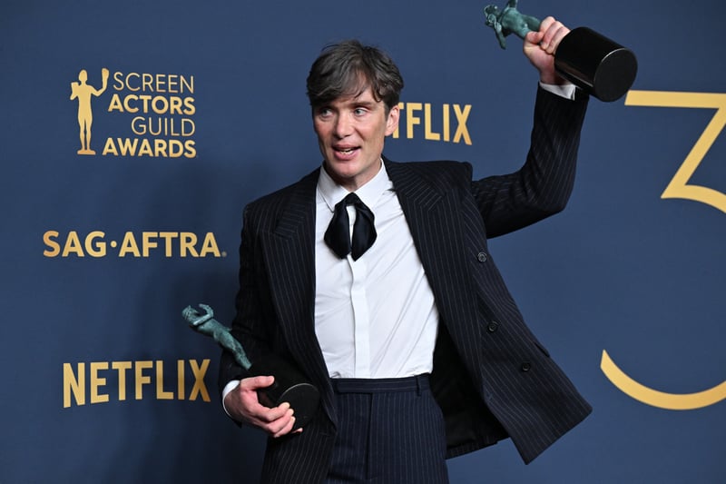 For his role in “Oppenheimer,” Cillian Murphy has so far earned four awards; a Golden Globe for Best Actor in a Drama, the SAG Award for Best Actor and Best Ensemble Cast and the BAFTA Film Award for Best Actor. His win at the British event marked the first time an Irish-born actor has ever won the Best Actor award.  (Photo by ROBYN BECK/AFP via Getty Images)