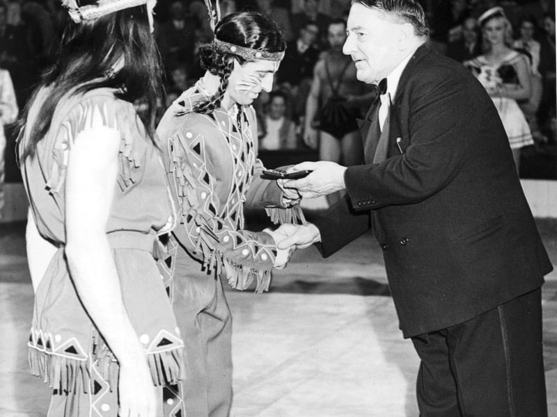 Douglas Bickerstaffe, Blackpool Tower Company chairman presenting end of season medals to Tower Circus performers