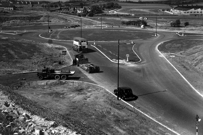 Building the Whirlies roundabout in East Kilbride during the 1950s. East Kilbride was affectionately nicknamed 'Polo Mint City' by visitors, due to the number of roundabouts. 