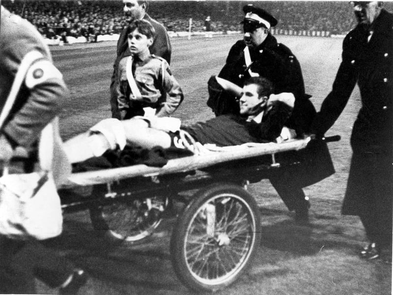 Peter Osgood taken off Bloomfield Rd after breaking a leg in the first half of the league cup Blackpool against Chelsea in 1966