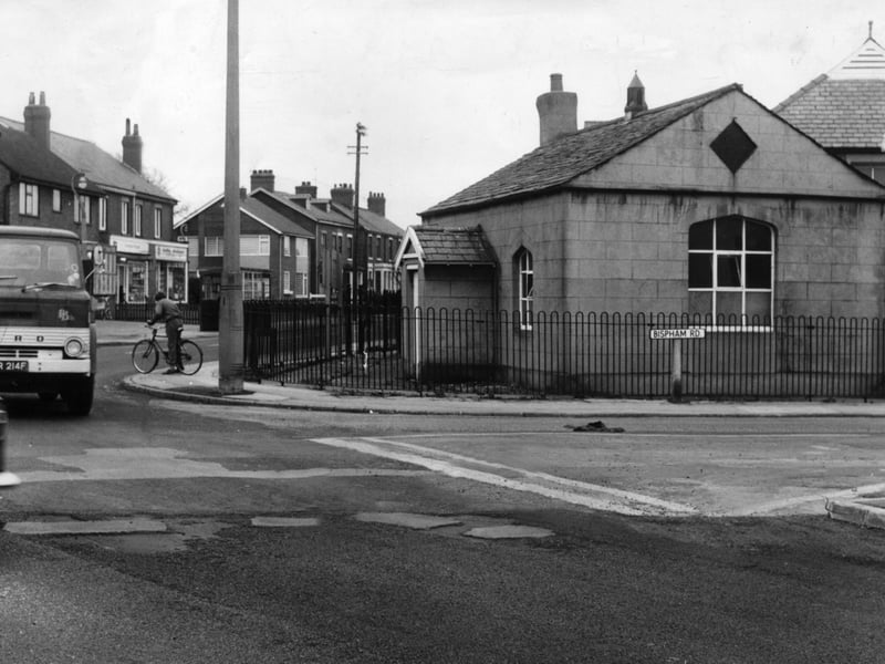 The old Carleton Church of England school at the junction of Bispham Road and Blackpool Road which was to be demolished to ease a blind corner problem for traffic, 1969