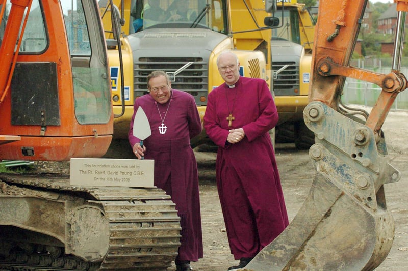 The Rt Rev David Young, left. the former Bishop of Ripon  with  the foundation stone for the David Young Community Academy being built in May 2005 watched by the  Bishop of Ripon the Rt Rev John Packer.